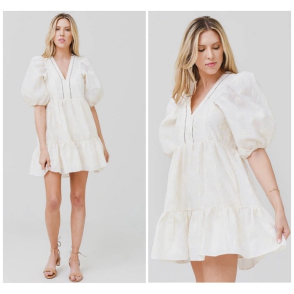 Hunter Bell Gaille Mini Dress Jacquard Ivory Flowers size XS Puff Sleeve Bridal - Picture 16 of 16